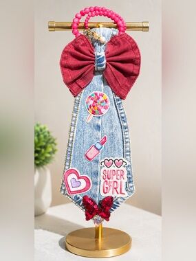Denim Bow Tie with Pink Sequin Accent & Fun Patches